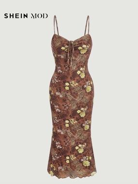 SHEIN Brown Paisley Print Slip Dress with Gold Accents